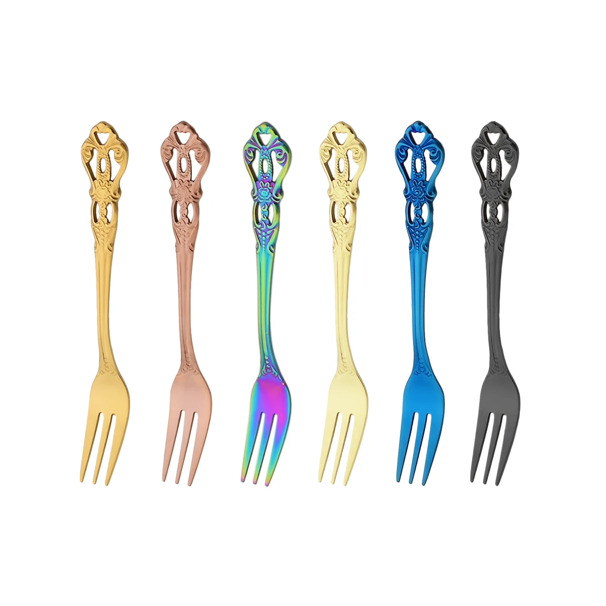 6Pcs Colorful Stainless Steel Fork Dinnerware Set Cake Fork Cutlery Set Fruit Fork Dessert Fork Tableware Party Kitchen Flatware
