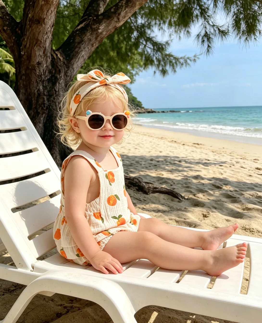 Summer Toddler Girl Sling Romper 0-2 Years Peach Print Ruffle Bubble Bodysuit Matching Peach Bow Headband Set