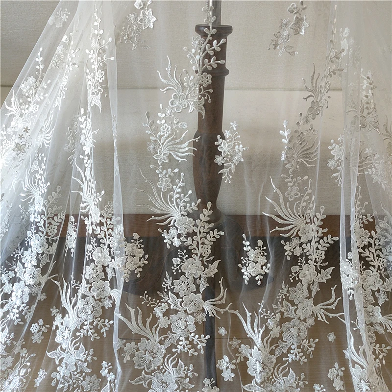 Flower Lace for Gown Bridal Lace Fabric Apparel Lace Wedding Fabric Embroideries with Sequins Designer Fabric By The Yard