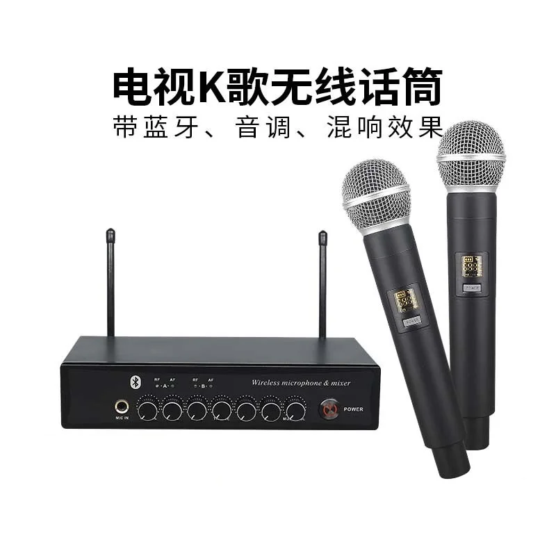 UHF Bluetooth Wireless Microphone Set for Home K-Song TV Singing with Reverb Echo Audio 2 Channel Wireless Microphones