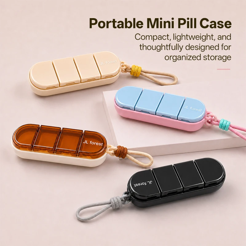 4-compartment mini pill box with lanyard, large capacity without odor, moisture-proof and sealed, suitable for travel storage