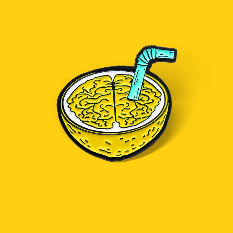 New Cute Yellow Lemon Enamel Pin Brain Organs Yellow Lemon Drinks Brooch Badge Cartoon Jewelry Gift for Kids Friends Wholesale