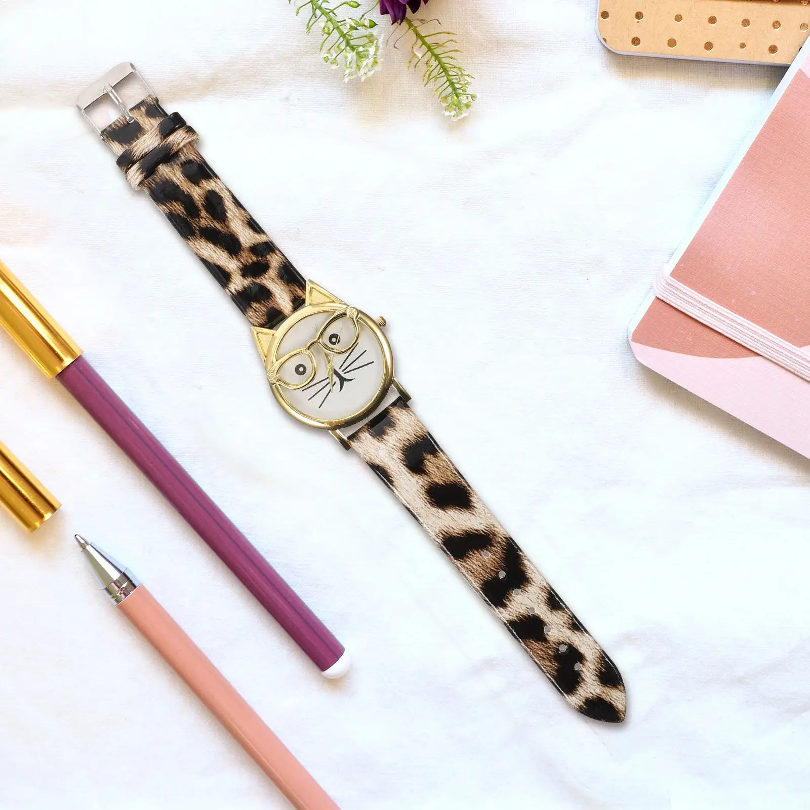 

Модные кварцевые часы с ремешком из искусственной кожи для девочек, милые детские наручные часы с рисунком кошачьей бородки, устойчивые к царапинам