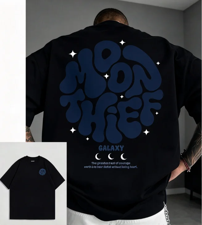 2026 new Moon Thief Galaxy Bubble Letter Graphic T Shirt Men Retro Star Moon Print Short Sleeve Unisex Casual Cotton Tee