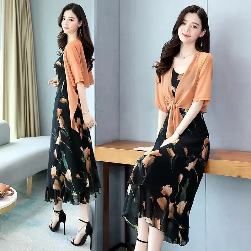 Single/Two-Piece Sets Floral Chiffon Suspender Dress Slim And Long 2023 New Shawl Summer Dress 2PCS For Female Dress Suits Lady