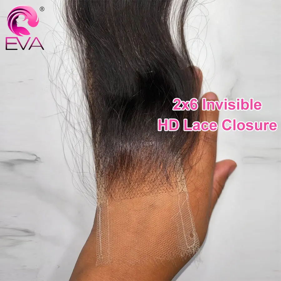 Eva Hair 2x6 HD Lace Closure Invisible HD Lace Melt Skins Human Hair Closure Pre Plucked 6inches Deep Part Natural Black Closure