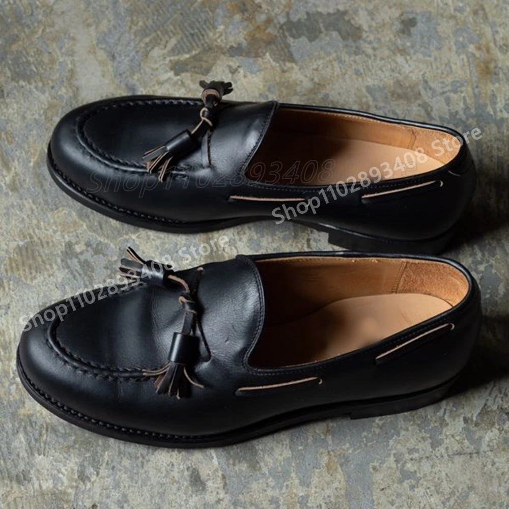 

Black Front Tassels Decor Loafers Men Casual Shoes Real Leather Shallow Gentleman Party Casual 2025 Autumn Zapatillas Mujer