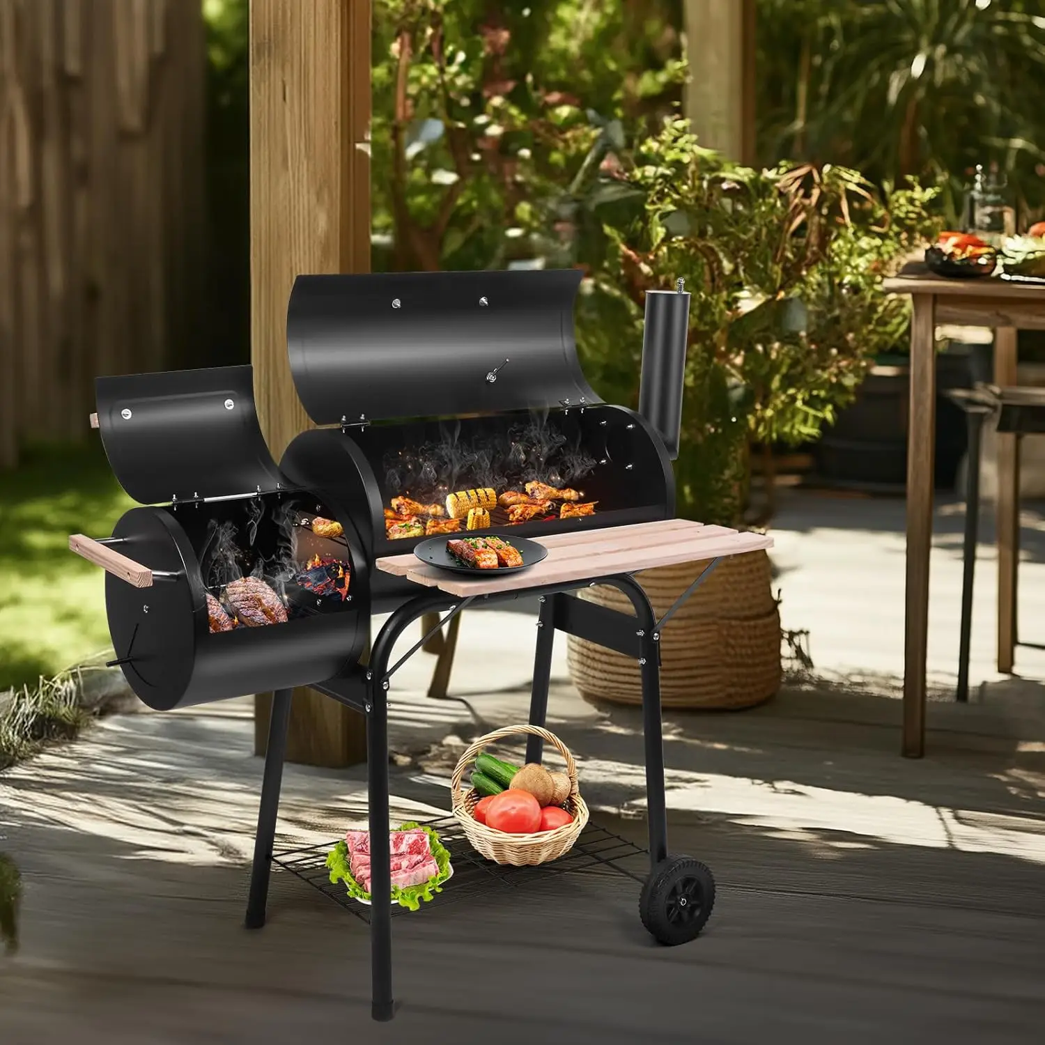 BBQ Charcoal Grill, Outdoor Patio Barbecue Cooker with Offset Smoker, Wheels and Tray for Balcony Picnics, Party and Camping image 6