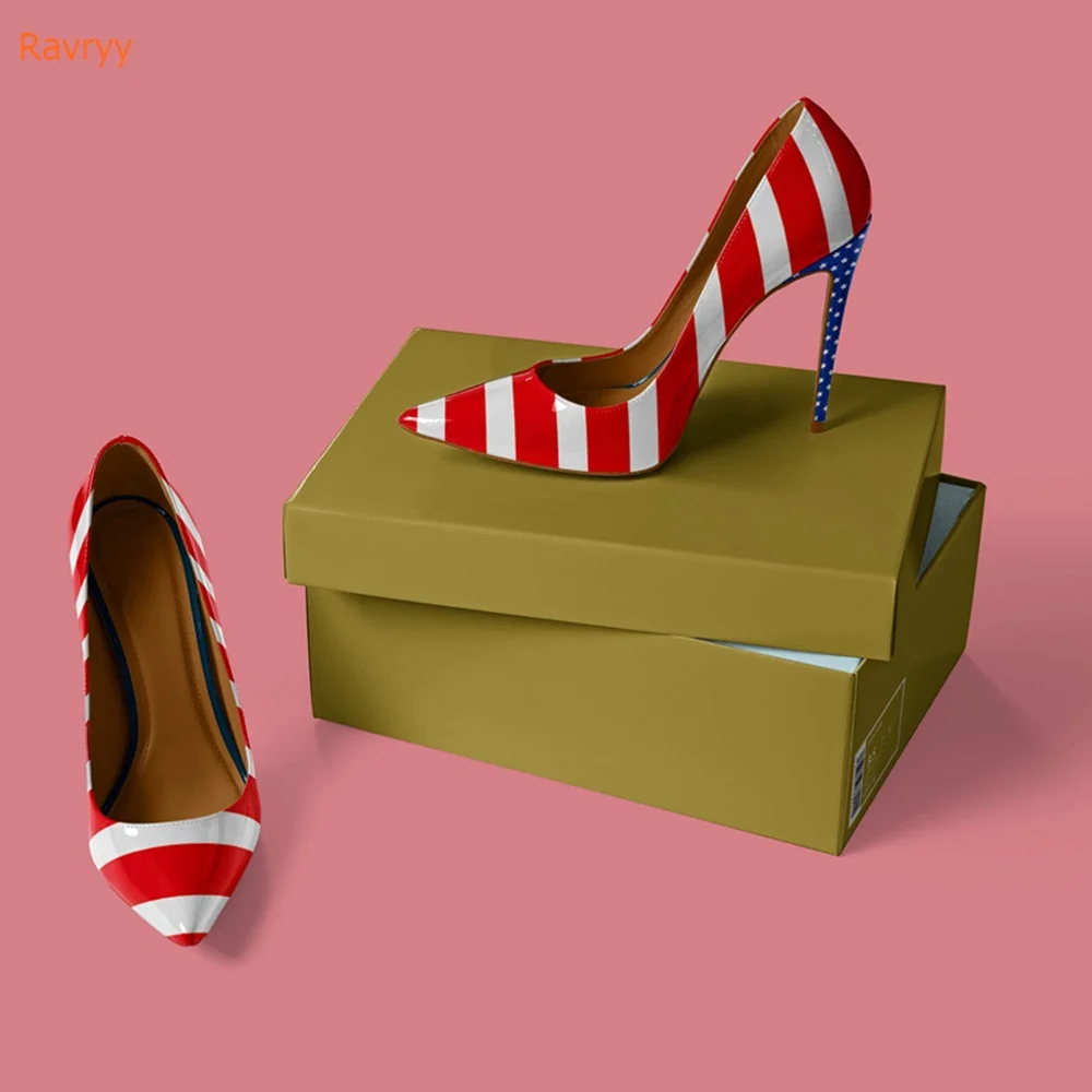 American Flag Prints Thin Heels Shoes Pointed Toe Patent Leather Women Shoes Slip On Pumps Shallow Party Fashion Shoes