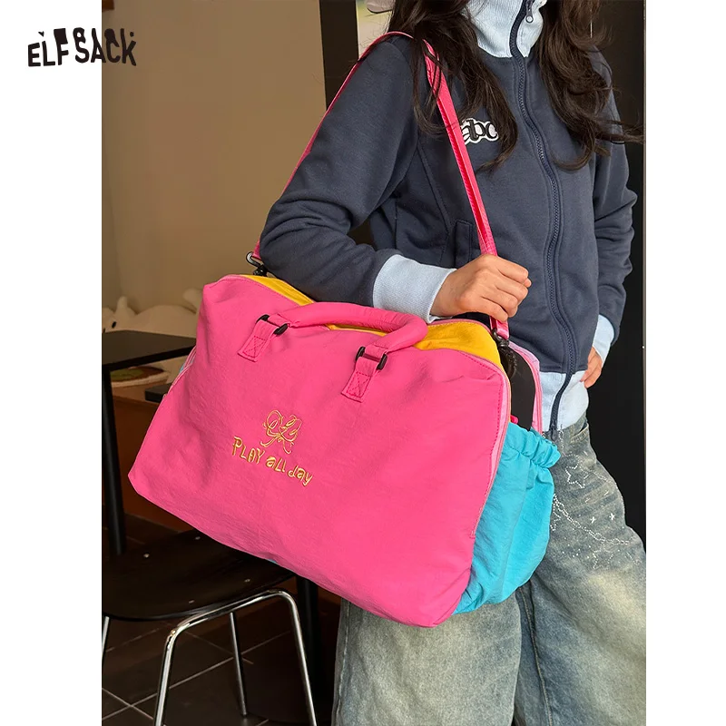 

ELFSACK Dopamine Color Block Large Capacity Travel Bag, Embroidered Soft Nylon Handbag, Daily Weekend Luggage Bag for Women