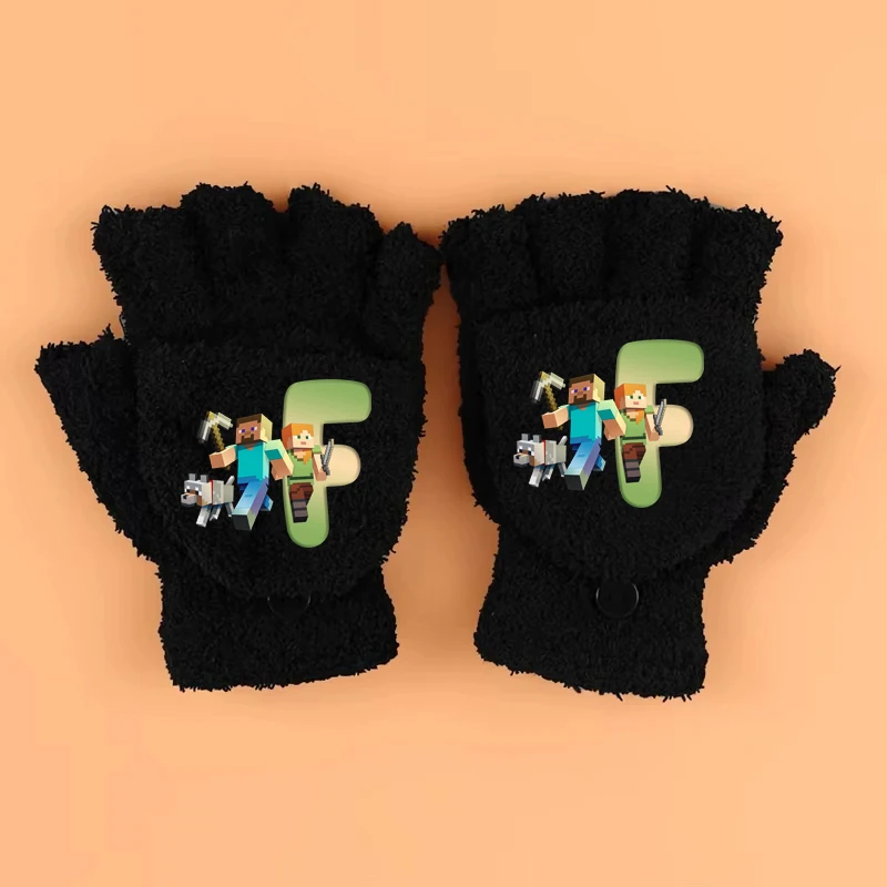 Winter Warm Houden Handschoenen Jongen Minecrafted Zwarte Korte Halve Vinger Gebreide Polshandschoen Mode Accessoires Kinderen Verjaardag Kerstcadeau