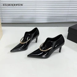 Chic Fashion Ladies Single High Heel Shoes 8.5cm Heel Big Hardware Ring Decor Pointed Toe Slip on Pumps Simple Style Sapatos