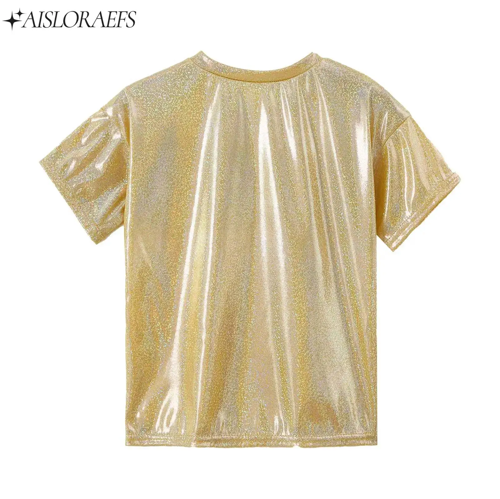 

Kids Boys Girls Shiny Metallic T-shirts Top Stretchy Bright Blouse Dancewear Sparkly Jazz Hip Hop Modern Dance Tops Performance