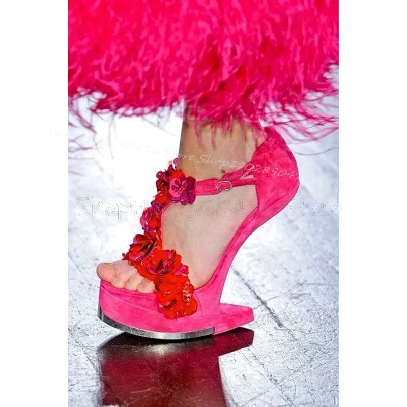 

Rose Red Appliques Strange Style Heels Platform Sandals Buckle Strap Women Shoes Party Banquet Runway 2025 Zapatos Para Mujere
