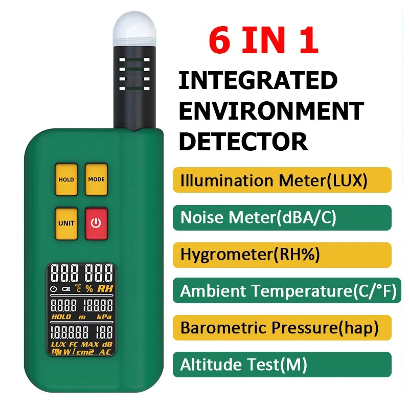 GX1 6 in 1 Integrated Environment tester Multi-functional Integration Lux Noise Meter Hygrometer Thermometer Barometer Test