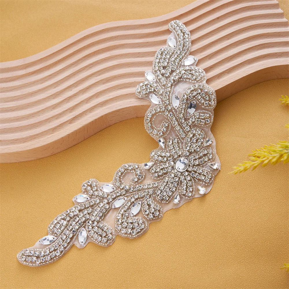FZD 1 Piece Clear Flower Rhinestones Applique Wedding Beaded Crystal Oval Patches Sew On Bridal Motif Hotfix Appliques Patches