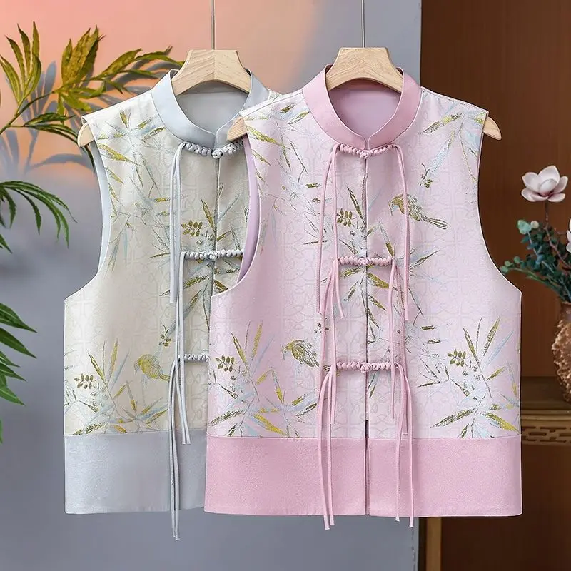 

Spring Summer Jacquard Vest Embroidered Chinese Stand-Collar Sleeveless Vest Top Buttoned Collar Waistcoat Sleeveless Cardigan