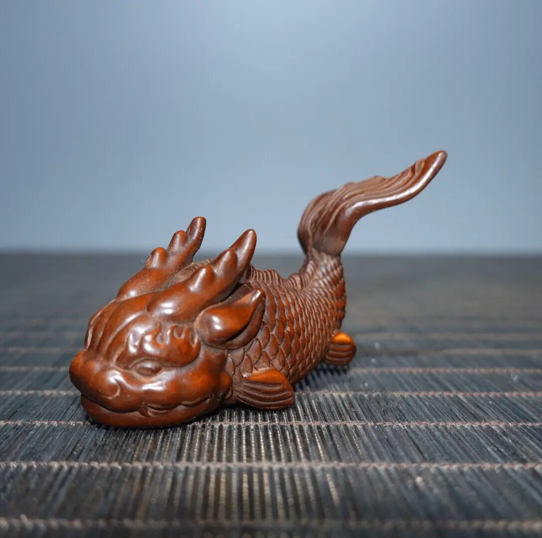 

Chinese Nice Vintage Boxwood Carved Dragon Fish Statue Figurines ART Collection