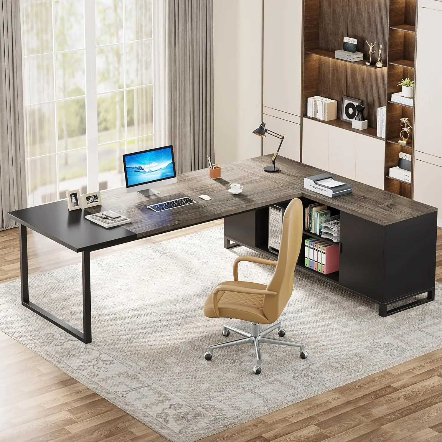 70.8" Executive Desk with 55" File Cabinet, Industrial L Shaped Computer Desk with Storage Shelves and Cabinet, Retro Gray&Black