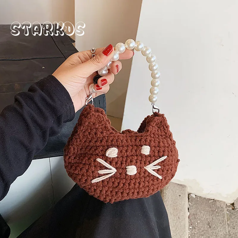 Cute Cat Crochet Bag For Kids Girls 2024 Autumn New knitted Cartoon Animal Crossboday Bag Toddler Child Pearl Handbag