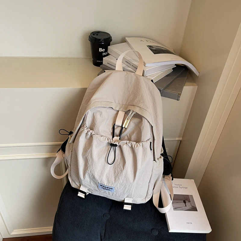 Dopamine Color Lightweight Nylon Backpack Women Drawstring Pocket Casual Simple Fashion Travel School Bag Foldable Daypack