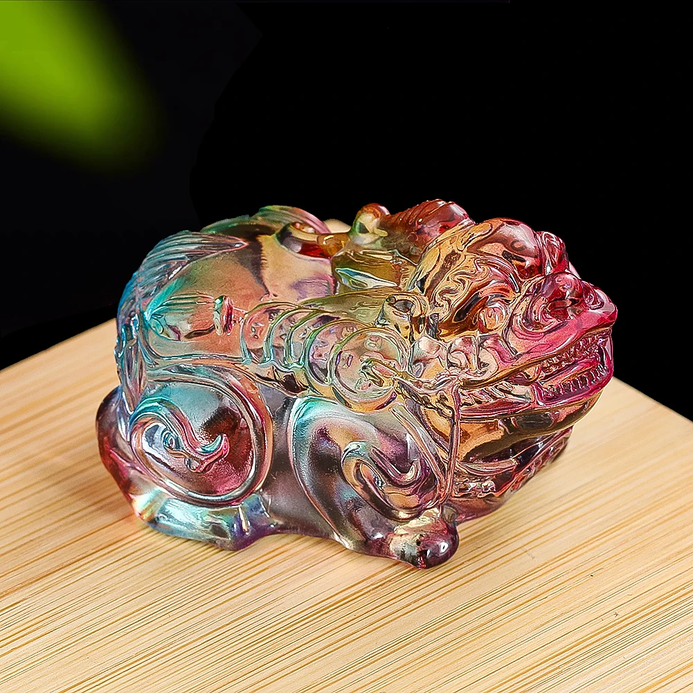 Chinese Retro Mythical Beast Crystal Figurine Color Glaze Pixiu Ornament for Room Feng Shui Decor Shop Gather Wealth Lucky Gifts