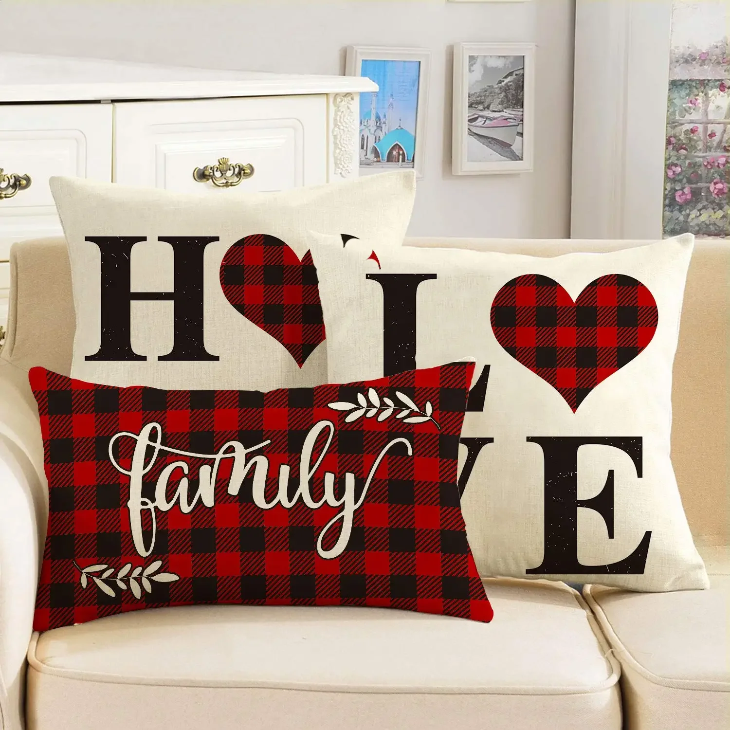 Nordic Classic Red Plaid Love Home Pillowcase Home Decoration Living Room Sofa Decoration Cushion Cover 30*50 Linen Pillowcase