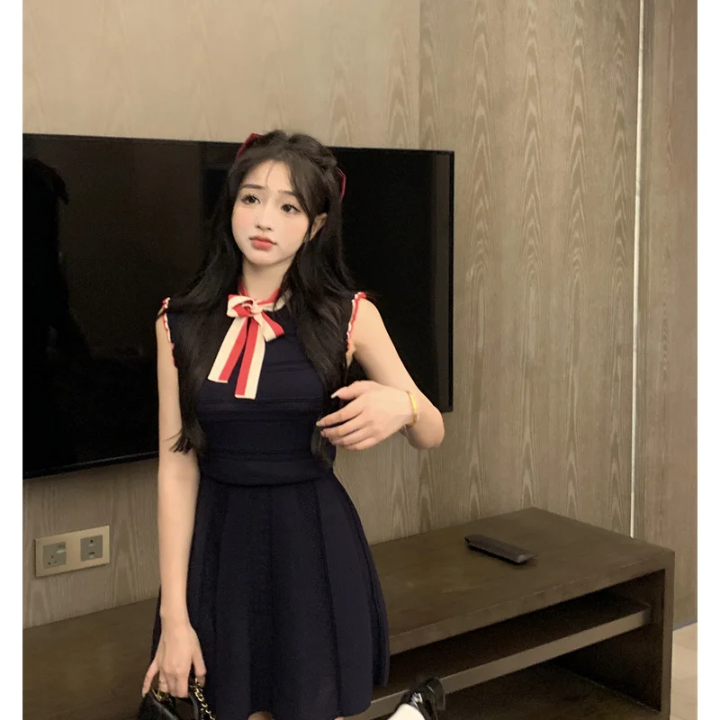 2023 Summer Women' Clothing Dress Design Sense Chic Bow Tie Contrast Lace Sleeveless Self Cultivation Knitted A-line Short Skirt