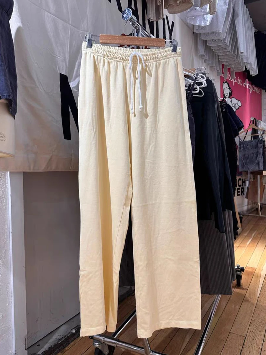Light Yellow Drawstring Straight Sweatpants Women Summer Elastic Waist Cotton Trousers Casual Simple Cute Sport Loose Long Pant