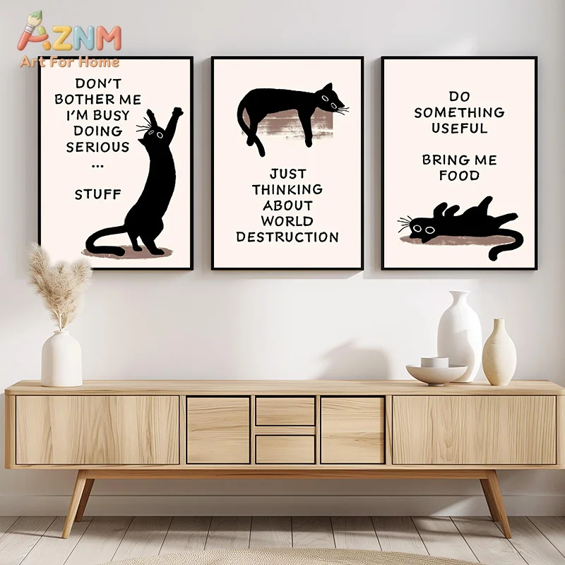 AZNM Minimalist Black Cat Canvas Print Funny Sarcastic Text Quote Cute Cartoon Pet Simple Beige Background Unframed Wall Poster