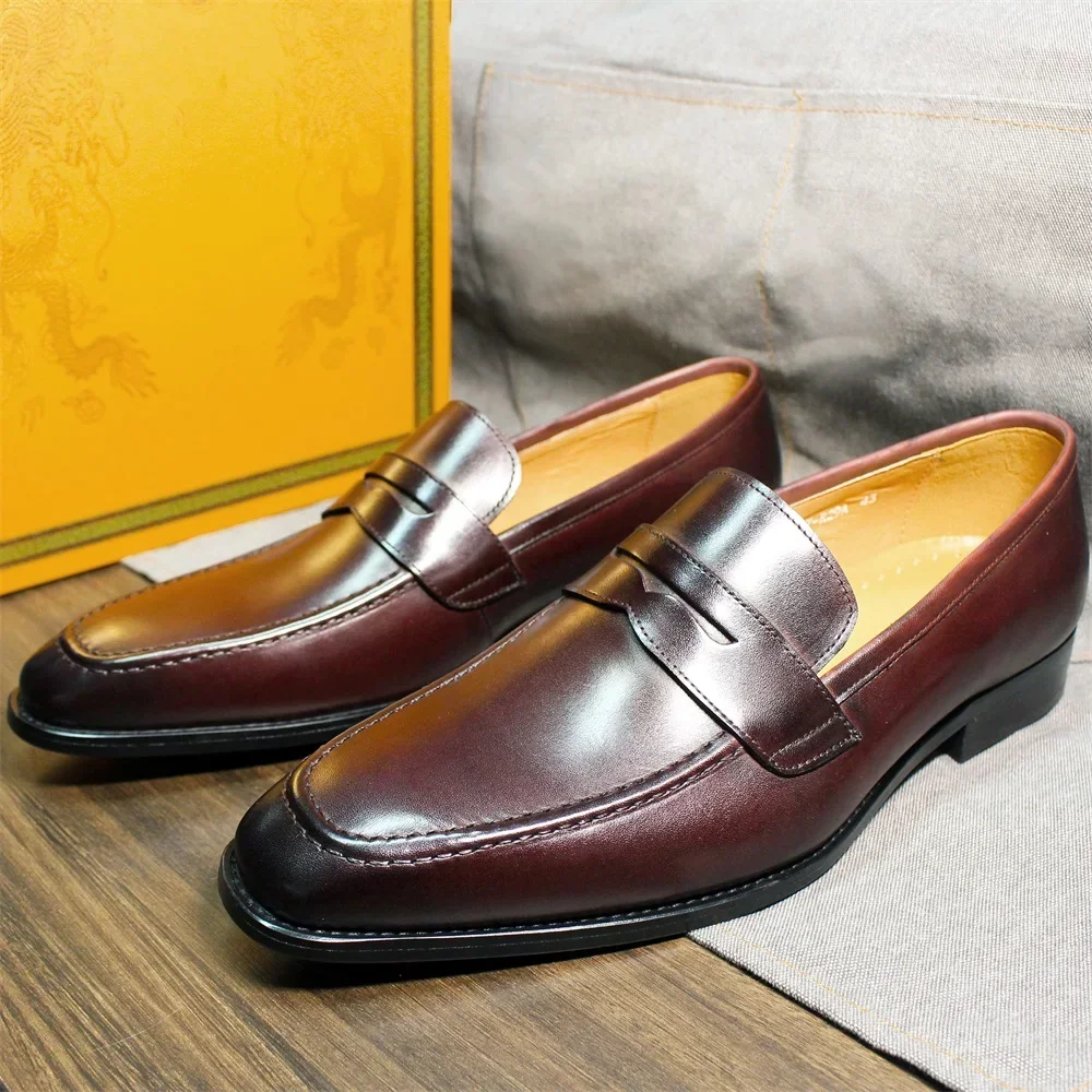 Mocasines Penny de talla grande para hombre, zapatos de vestir azules y rojos de piel de becerro auténtica, zapatos de boda sin cordones hechos a mano de diseñador italiano