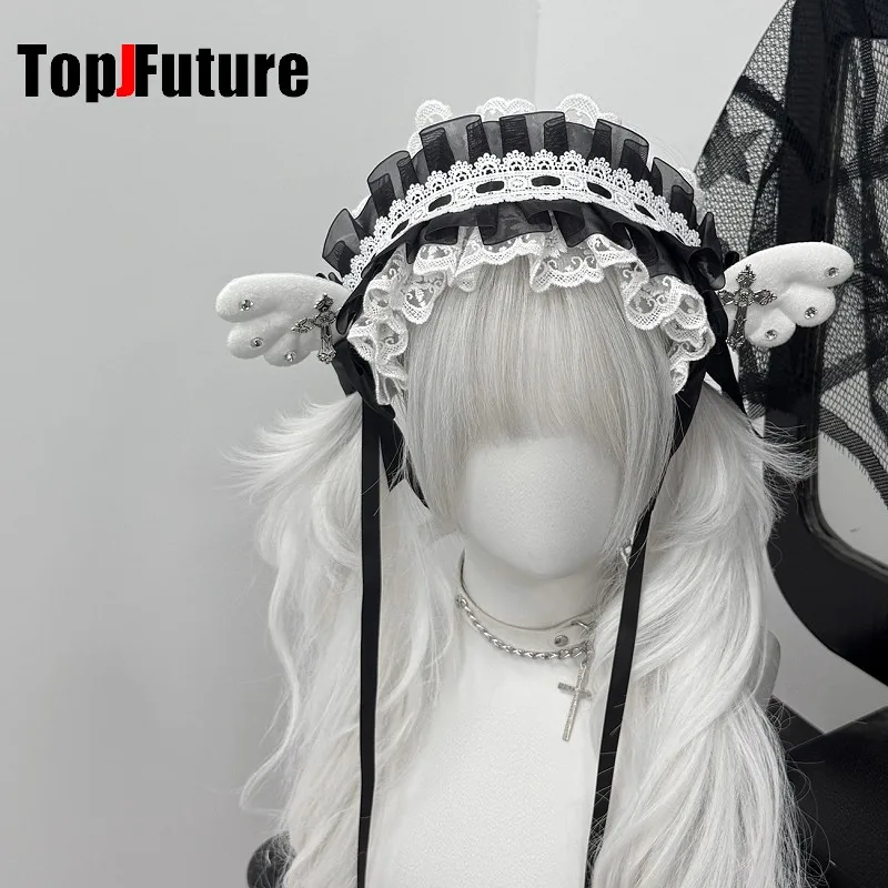 Dark Gothic Lolita Handmade Plush Rabbit Ears Rivet Leather Buckle Headband Subculture Y2K Women's Hair Hoops Hair Accessory