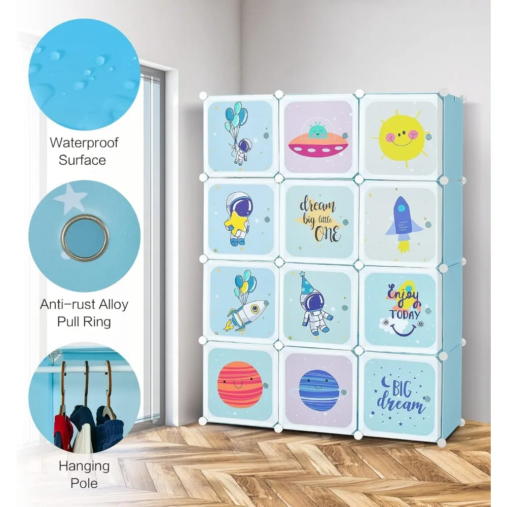Kids Wardrobe with 12 Cubes and Hanging Sections, Portable Closet for Nursery Storage in Blue