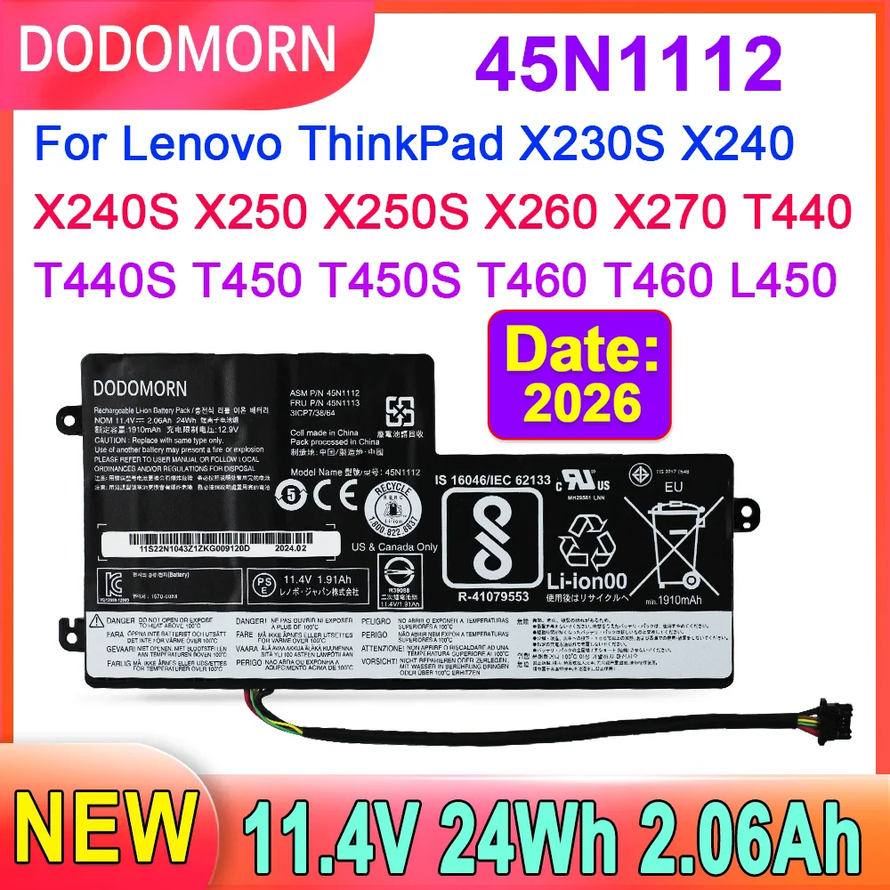 DODOMORN-batería para portátil Lenovo ThinkPad T440, T440S, T450, T450S, X240, X250, X260, X270, 45N1110, 45N1111, 45N1112, 11,4 V, 24WH, 2.06Ah