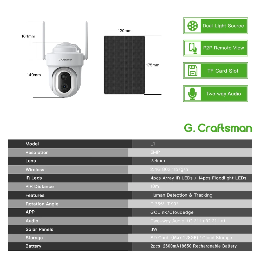 Ontdek L1 Gcraftsman: 5mp Outdoor Draadloze Pt Zonne-Energie IP-Camera Met Paneel En Batterij, Laag Vermogen Pir Menselijke Detectie, Gclink