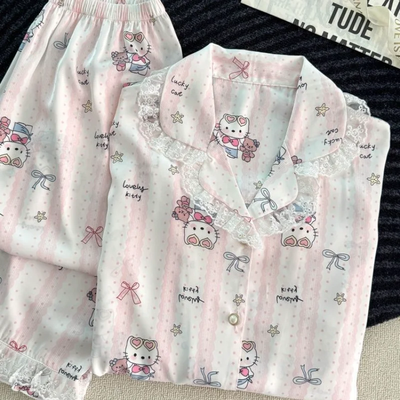 

Комплект пижам Sanrio Hello Kitty Y2K, женская пижама с рисунком Kawaii, брюки, пижама с длинными рукавами, весенняя домашняя одежда с кружевной отделкой