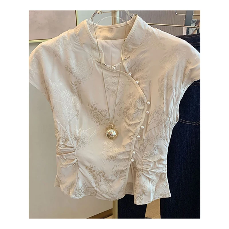 Camisa china de cuello alto con hebilla de perla para mujer, top corto ajustado, elegante y único, verano 2024