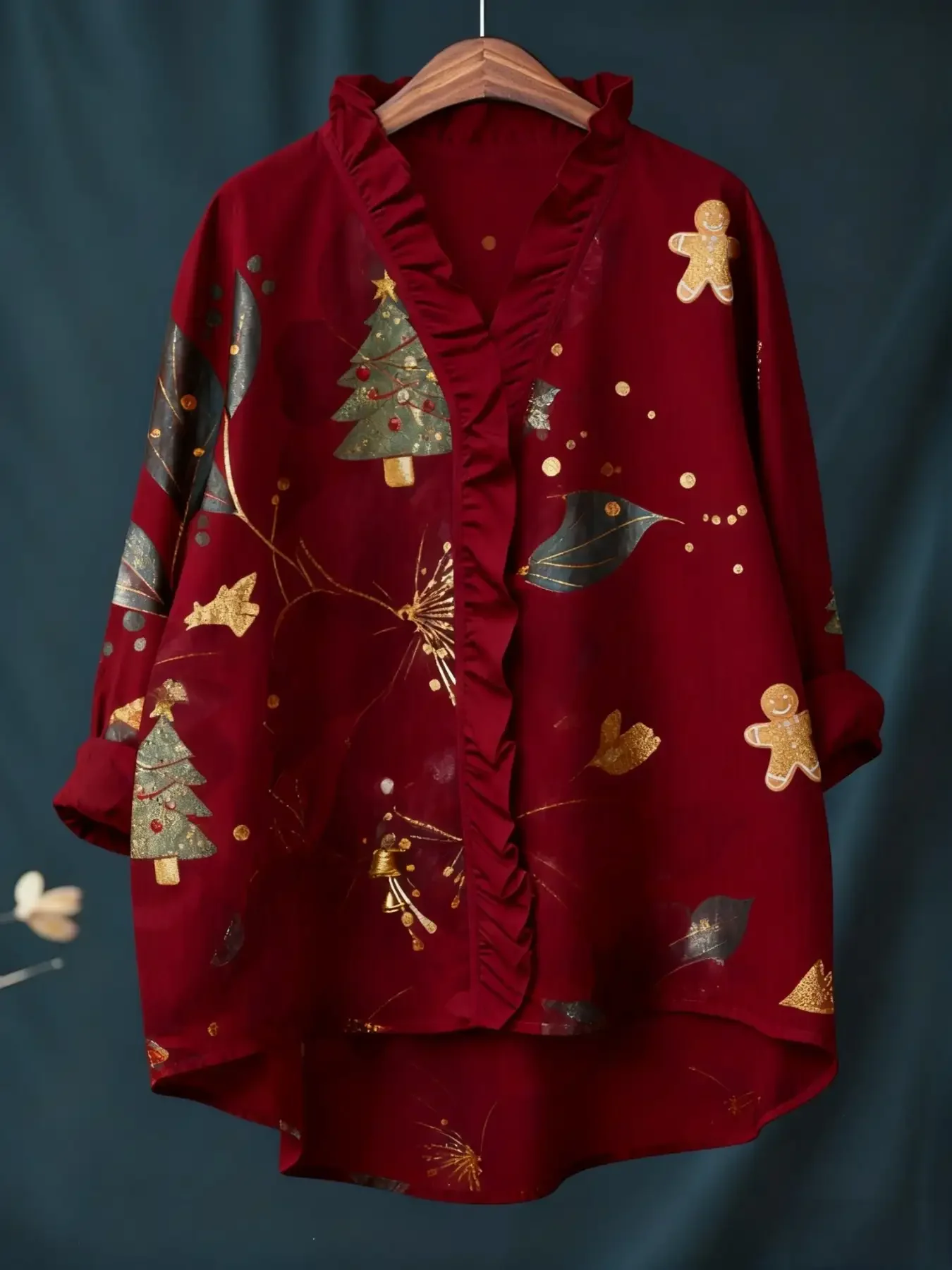 قميص نسائي جديد بأكمام طويلة مطبوع رقميًا لعيد الميلاد مع ياقة مكشكشة، مقاس فضفاض، ملابس حمراء وحيوية #4