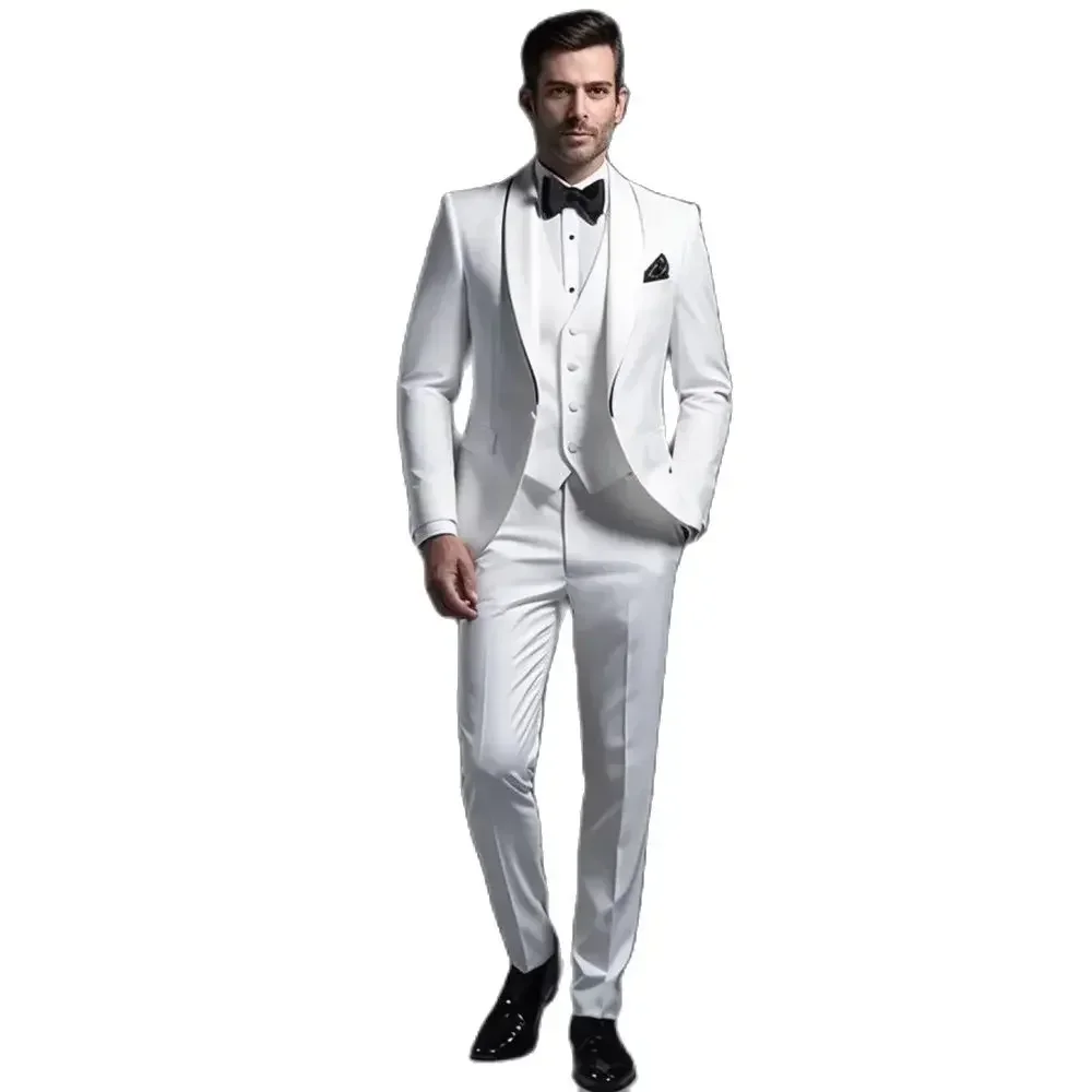 White Formal Suits for Men 3 Piece Shawl Lapel Wedding Tuxedo Groomsmen Single Button Suit Prom Party Slim Fit 2025