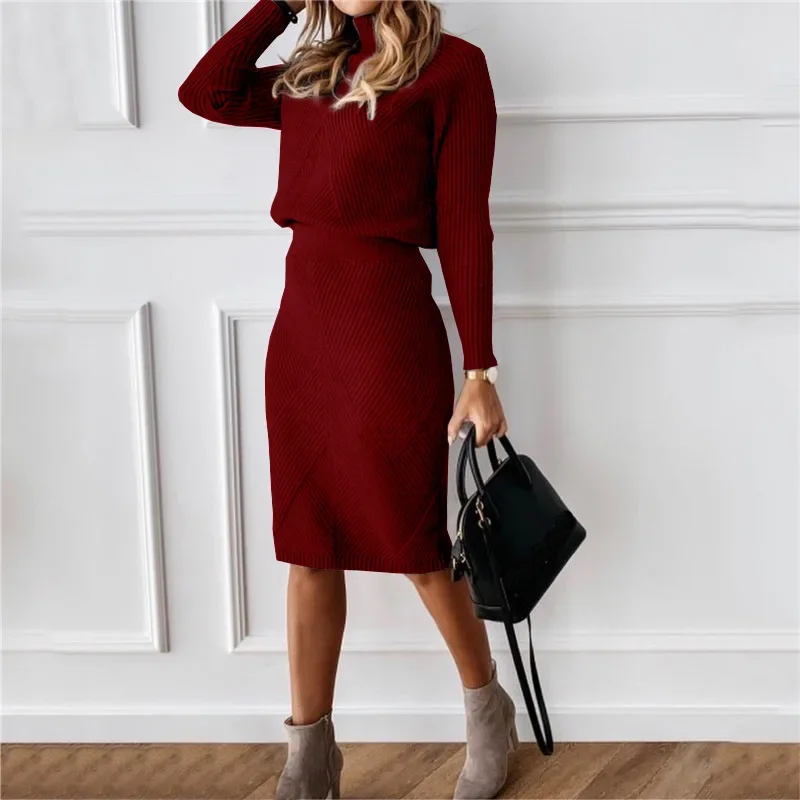 New Solid Color Knit Two-piece for Autumn and Winter, Turtleneck Long Sleeve Pullover Sweater + Knit Half Body Skirt Casual Suit