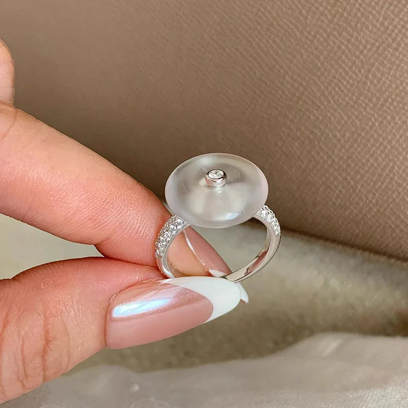 

Simple and natural ice chalcedony ring inlay diamonds transparent High and quality circular ring light luxury silver 925 jewelry