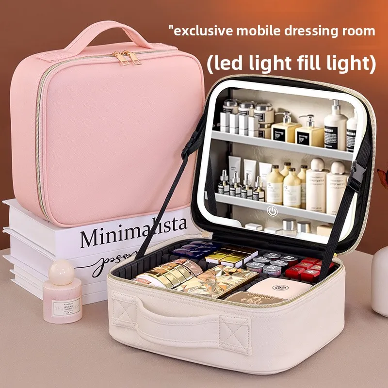 Cross-border High Aesthetic ValueLEDLight Strip Mirror Makeup Case Large Capacity Travel Portable Handheld Cosmetic Storage Bag