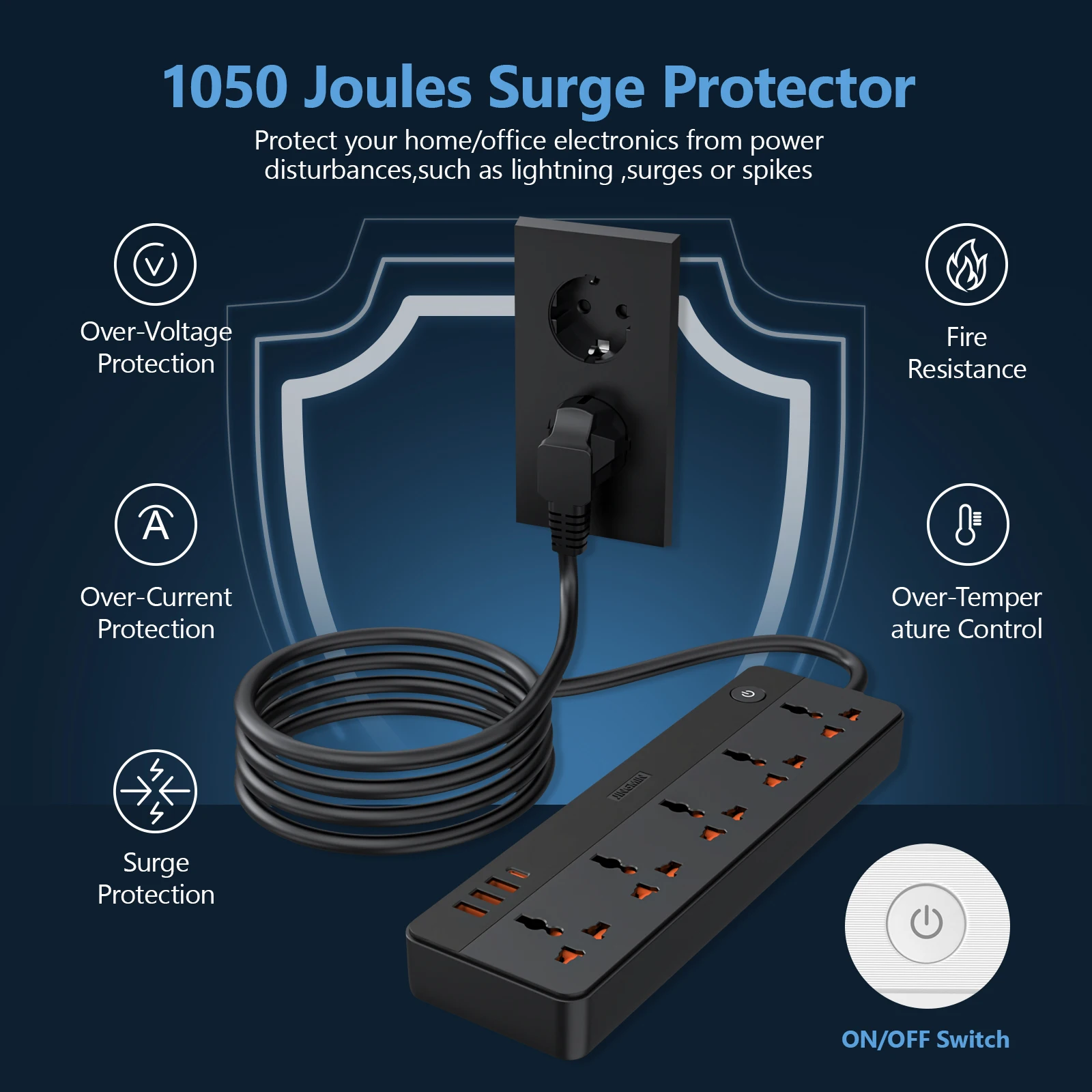 PD 20W Power Multi Tap Universele Plug EU Outlet Stekkerdoos met 5 AC 1 Type C 2 USB A-poort Opladen Elektrische verlengaansluiting