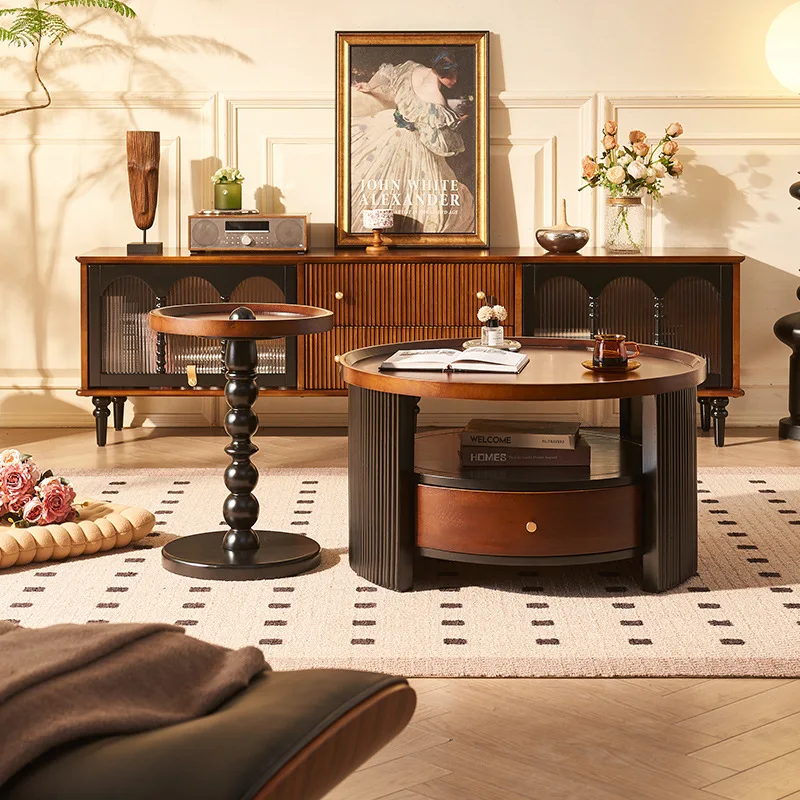 

French retro high and low coffee table side table combination medium and ancient style living room solid wood round table