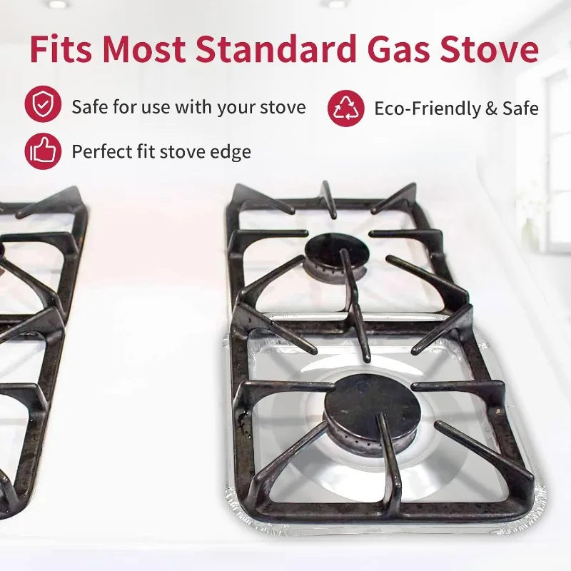 50pc Aluminum Gas Stove Burner Covers -Thicker Foil Square Burner Liners - Disposable Gas Range Protectors, 50 Pack（Outer diameter: 8.5 x 8.5 inch）