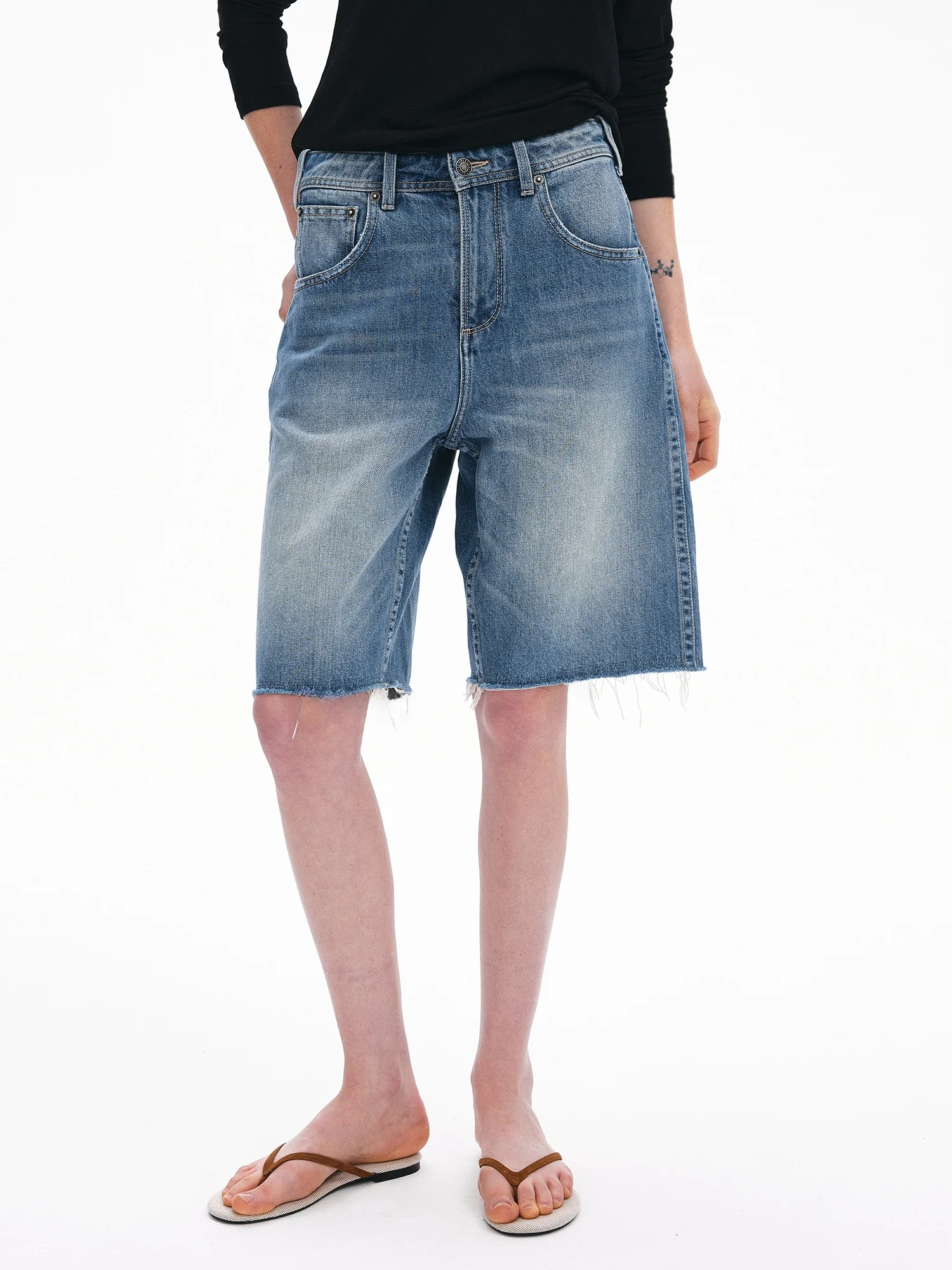 

Taffa Classic Vintage Washed Knee-Length Distressed Denim Shorts for Women Straight Leg Natural Waist Mid-Length Summer New