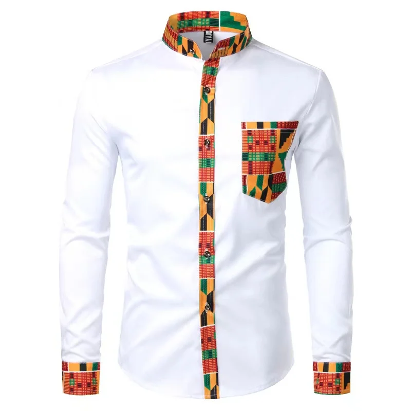 2024 African casual men\'s shirt stand collar digital printing long sleeve floral shirt men\'s cardigan top