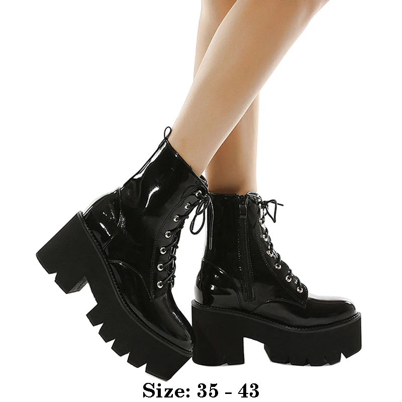 

High quality short ankle patent leather boots for women 8cm high heel platform new 2025 autumn winter 42 43 fashion shoe black