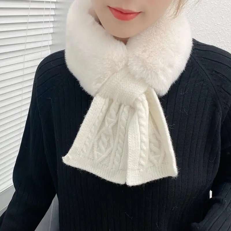 

2024 женский зимний шарф, шерстяной вязаный шарф с перекрестным меховым воротником, уличный теплый шарф для шеи, модный утепленный шарф из искусственного кроличьего меха, шаль