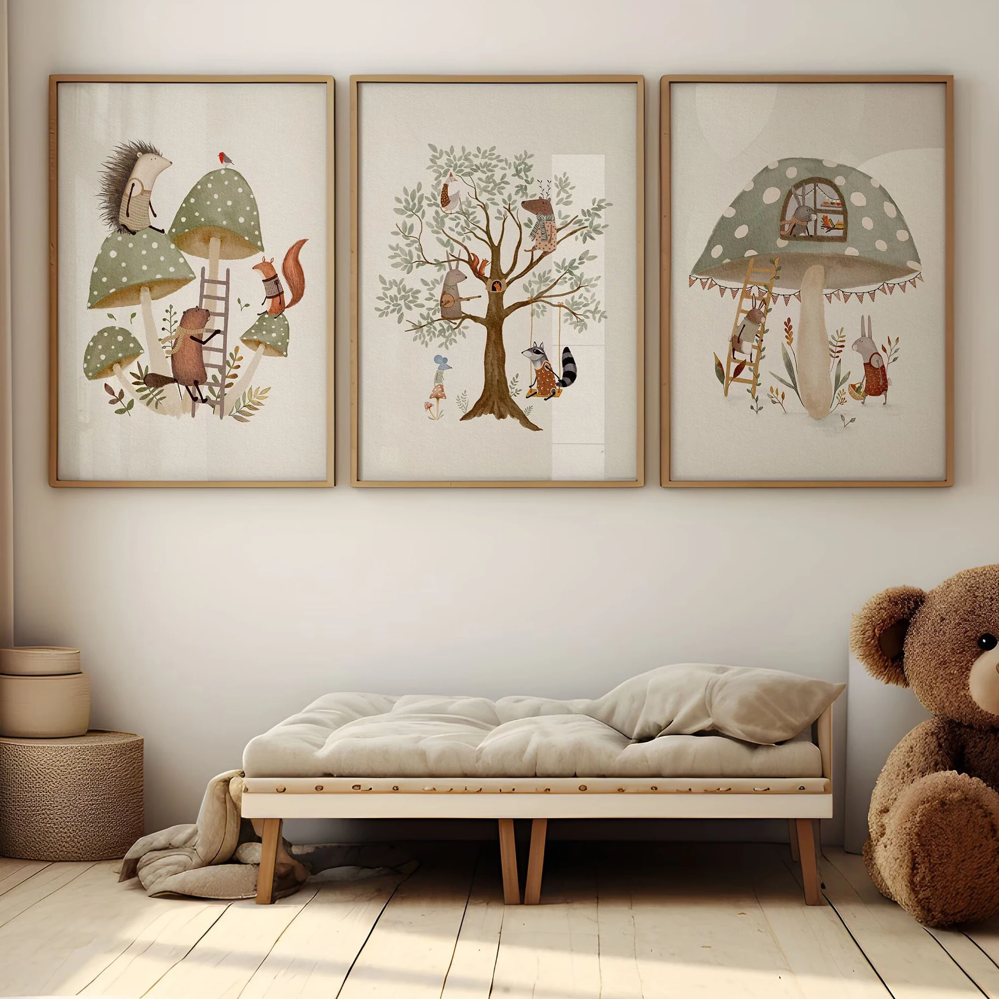 Abstract Tree & Mushroom Woodland Animal Art Canvas Prints Sage Green Wall Art Nursery Poster for Modern Living Room Home Decor
